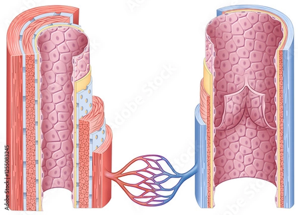Fototapeta Illustration of the different layers of veins and arteries. Their structure includes endothelium, smooth muscle, and connective tissue, which are essential to the circulatory system.