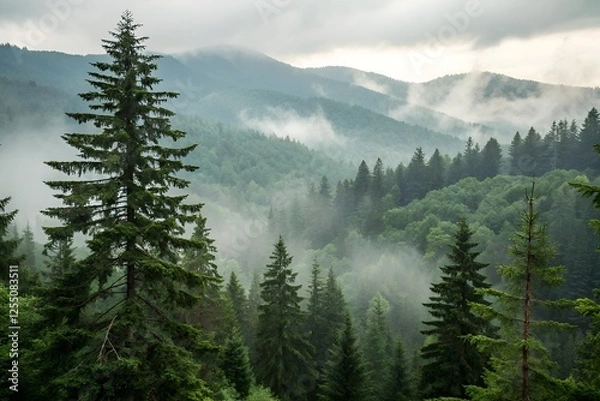 Fototapeta Misty landscape with fir forest in vintage retro style