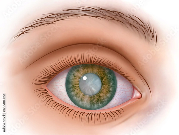Fototapeta Realistic illustration of the eye with a cataract, you can see a pupil circle, a progressive opacification of the lens, causing blurred vision, and decreased visual acuity.