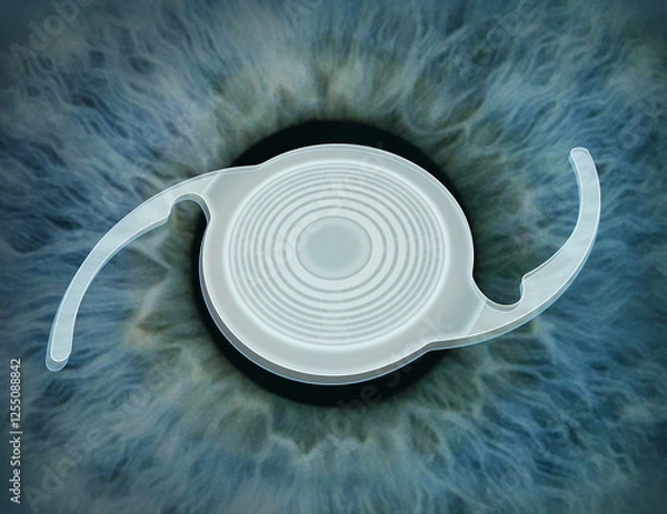 Fototapeta Illustration of intraocular lens (IOL) is a clear artificial lens that is implanted in the eye during cataract surgery, to replace an opaque natural lens.