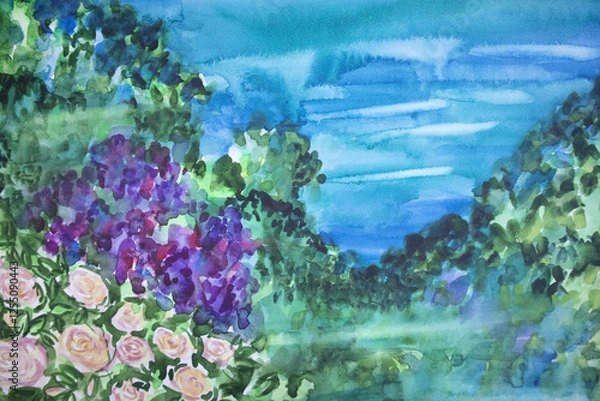 Fototapeta Original painting panorama blossom greenery with water surface. Morning mist smudges and wet stains watercolor effect.