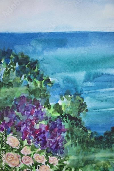 Fototapeta View from blossom greenery hilltop on water surface with skyline. Hand painted smudges and wet stains watercolor effect. Original painting with space for text. 