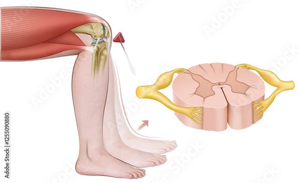 Fototapeta Schematic representation of the myotatic reflex is an involuntary response that maintains muscle tone and posture, activated by muscle elongation and mediated by neuromuscular spindles.
