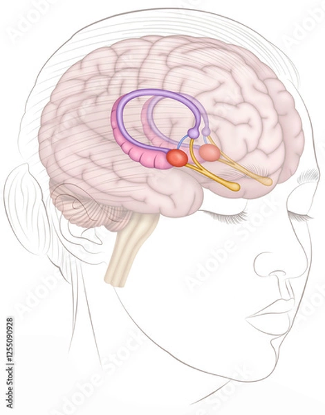 Fototapeta Illustration of a female human head showing the brain and the structure of the amygdala, part of the limbic system, which regulates emotions, fear, and aggression.