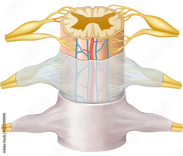 Fototapeta Illustration of the spinal cord, a nervous structure that connects the brain to the body, transmitting nerve impulses. It controls reflexes, movement, and sensitivity.