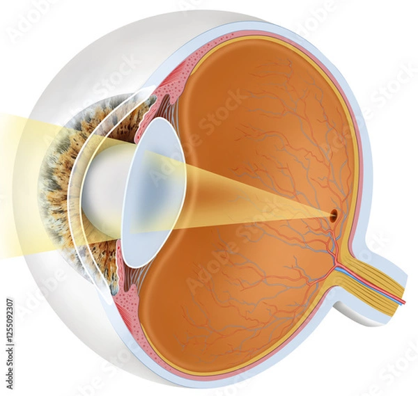 Fototapeta Illustration of the normal visual focus of the eye. This allows us to see, forming the image directly on the retina, thanks to the correct curvature of the cornea and the lens.
