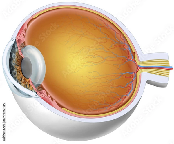 Fototapeta Illustration of the anatomy of the eye, in which you can see its interior and its surroundings and the different parts that compose it.