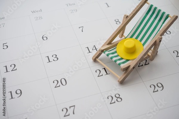 Obraz Green beach chair and hat on white blank calendar background copy space. Annual leave travel period for relaxation concept. Period of paid time off (PTO) granted to employees by their employer.