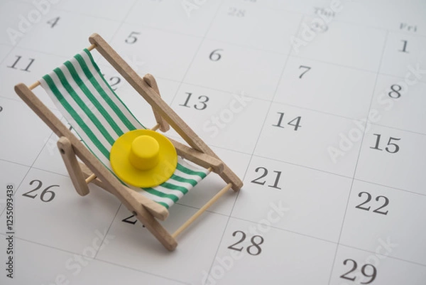 Obraz Green beach chair and hat on white blank calendar background copy space. Annual leave travel period for relaxation concept. Period of paid time off (PTO) granted to employees by their employer.