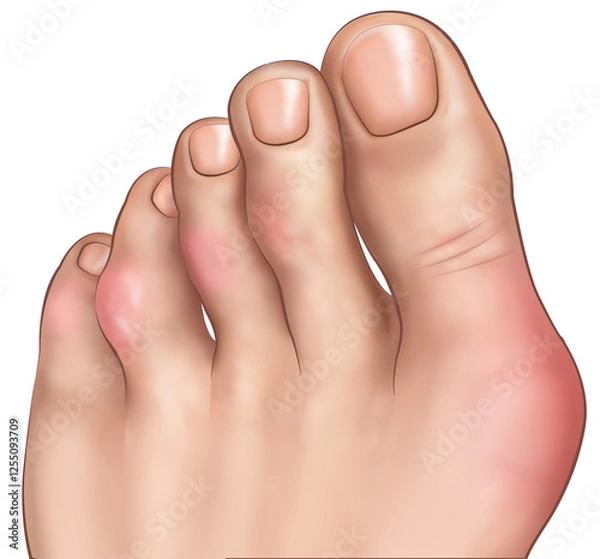 Fototapeta Illustration of the foot affected by Gout, this is an inflammatory arthritis, caused by elevated uric acid, causing pain, swelling, and redness, mainly affecting the big toe.