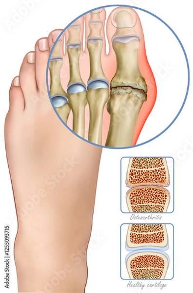 Fototapeta Illustration of a foot with osteoarthritis, a degenerative disease that affects the joints, causing pain, stiffness, and wear of the cartilage, limiting movement.
