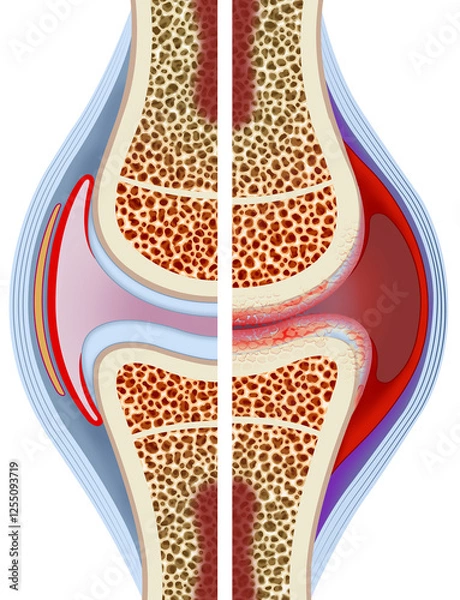 Fototapeta A diagram illustrating inflammation in the knee joint due to rheumatoid arthritis can be seen and compared with half of the image of a healthy joint.