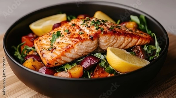 Fototapeta A beautifully plated dish featuring grilled salmon, garnished with herbs and lemon, served with a colorful mix of roasted vegetables.