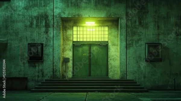 Fototapeta Vintage Green Neon Brutalism Background with Retro Aesthetic, Urban Architecture, and Moody Lighting for Unique Artistic Projects and Visual Storytelling