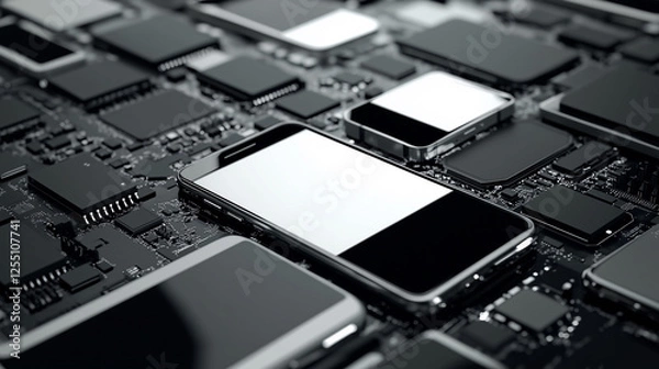 Fototapeta Conceptual image of smartphones, batteries, and microchips emphasizing the use of rare earth metals in technology