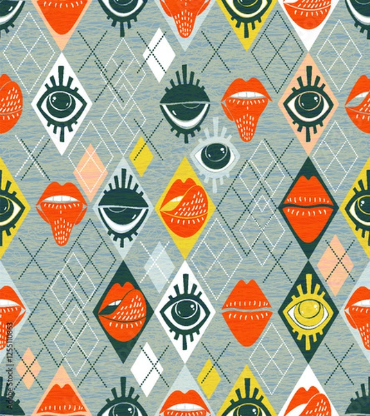 Fototapeta Seamless retro-inspired argyle pattern featuring stylized eyes and lips in bold orange, black, and yellow tones, with a geometric diamond layout. For modern graphic design, fashion, creative projects