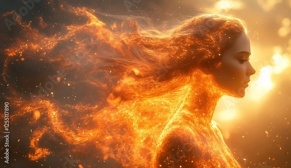 Fototapeta Silhouette of a Woman Surrounded by Swirling Flames in Bright Sunlight

