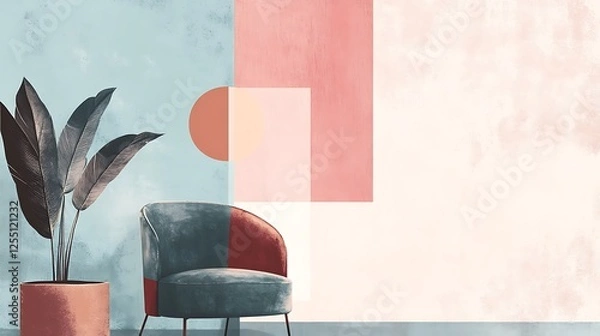 Obraz Modern Interior Design Featuring Chair Plant and Abstract Wall Art