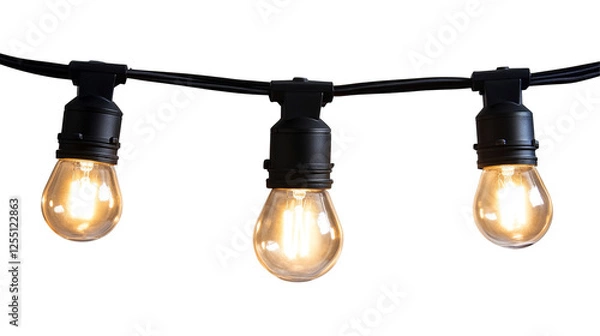 Fototapeta Bright String Lights Hanging in a Row - Glowing Bulbs on Black Cable for Outdoor Decor and Illumination