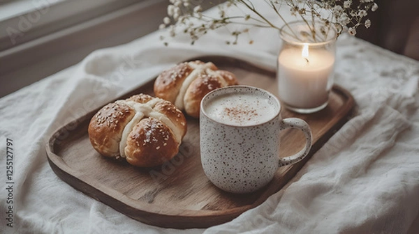 Fototapeta Cozy breakfast scene with buns, a creamy drink, and a candle, capturing a peaceful moment of relaxation.