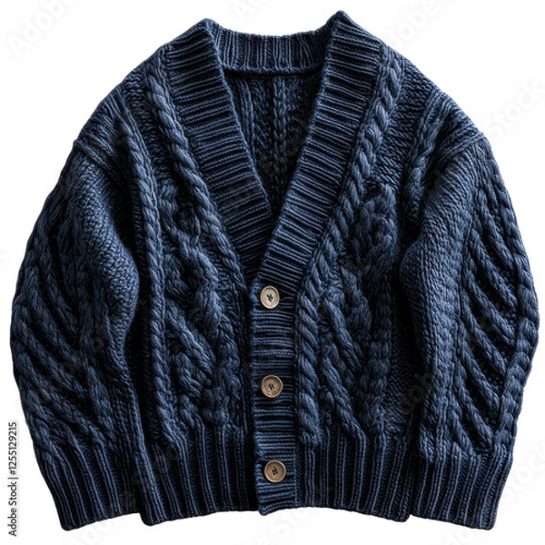 Fototapeta A cozy, chunky knit cardigan in a deep navy blue, featuring a V-neckline and textured cable patterns with multiple buttons down the front.