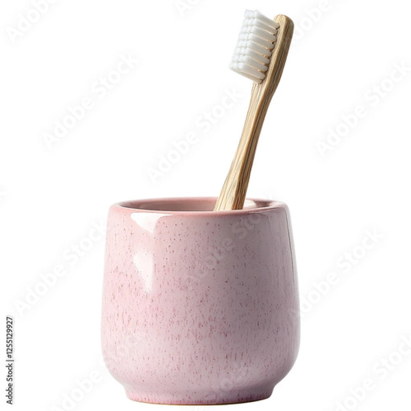Fototapeta A pink ceramic holder with a wooden toothbrush, showcasing a minimalist design and eco-friendly materials.