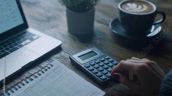 Fototapeta Home Finance Calculation with Calculator and Notebook on Wooden Table