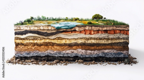 Fototapeta Geological cross-section of the Earth showing different layers of soil with deposits of minerals such as coal, oil, iron ore, and rare earth metals
