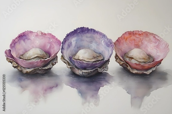Fototapeta Coastal Oyster Print in Watercolor with Soft and Natural Colors. Generative AI