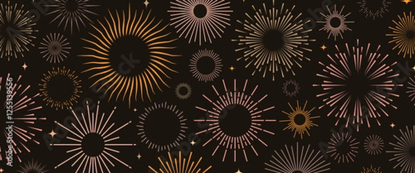 Fototapeta Fireworks background for holidays, party poster, carnival. Sunburst wallpaper. Vector 10 eps