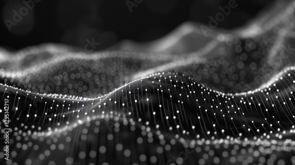 Fototapeta Wave of dots with flowing weave lines, abstract background showing a network connection structure in motion.

