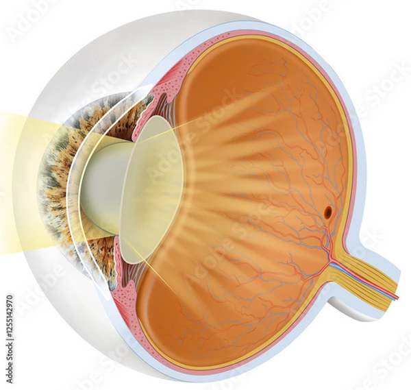 Fototapeta Illustration about ocular cataract, progressive opacification of the lens, causing blurred vision, and decreased visual acuity. Its main treatment is lens extraction surgery.