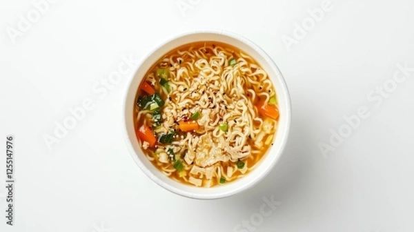 Fototapeta A top-down shot of steaming instant ramen in a white bowl, rich broth with noodles and veggies, warm lighting, sharp focus on delicious details—perfect for food blogs and ads.