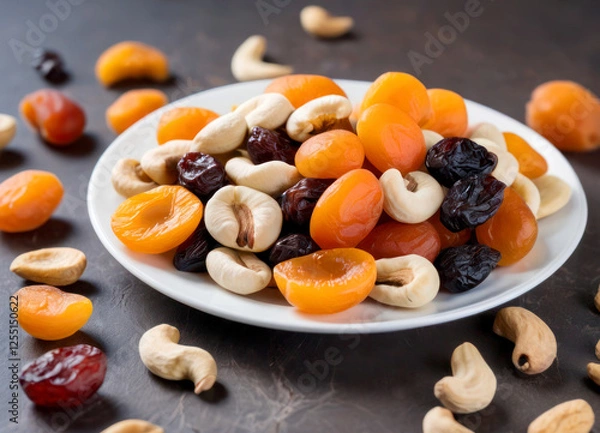 Obraz A bowl of mixed nuts and dried fruit on a white background. Dried apricots, nuts on a white plate. Protein breakfast for weight loss. An assortment of nuts and dried fruits, including almonds, walnuts