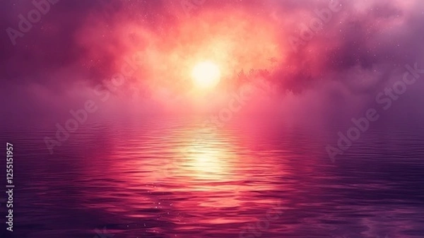 Fototapeta Serene sunset over tranquil waters, enveloped in vibrant pink and purple hues, creating a calming and picturesque landscape ideal for relaxation and inspiration.