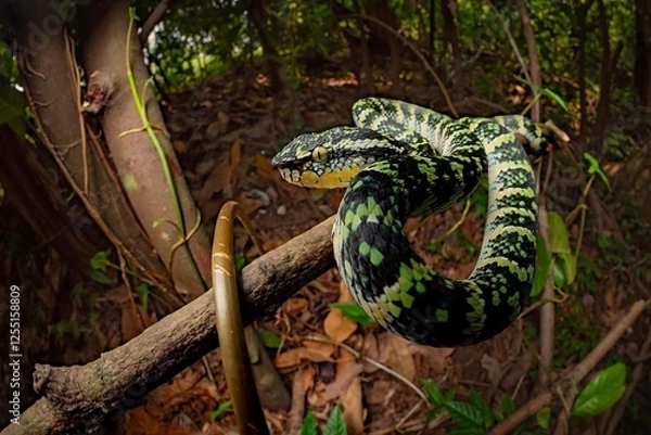 Fototapeta Green and Black Snake on Branch in Lush Environment