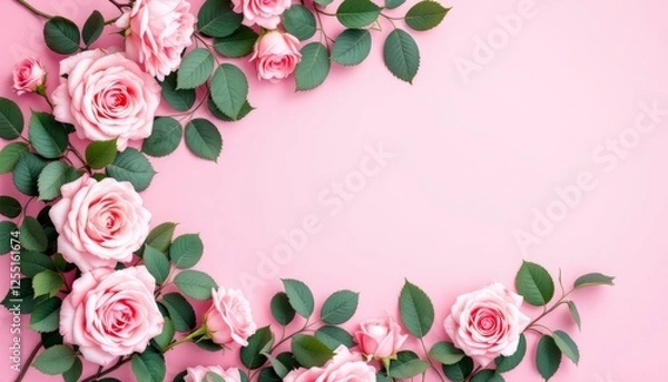 Fototapeta Pink roses with green leaves framing a pink background creating a floral border