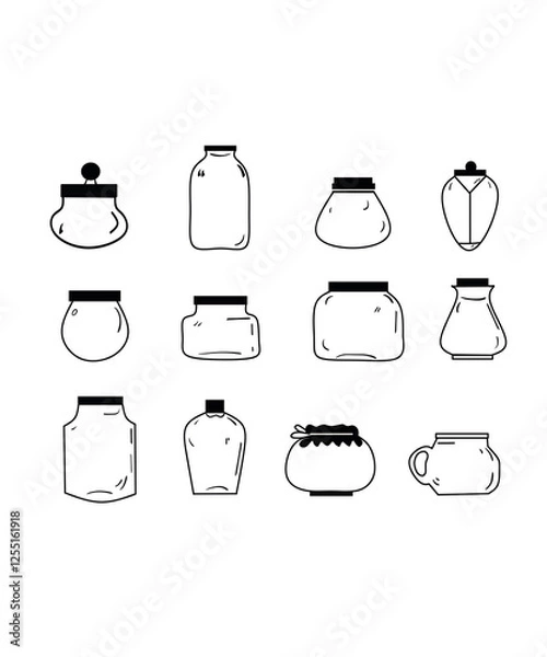 Fototapeta set of vector linear doodle jars, different jars vector doodle on a white background, simple illustration of jars