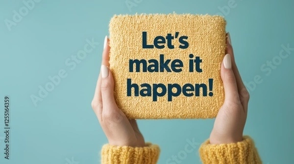 Fototapeta A person holds a textured yellow block with the motivational phrase "Let's make it happen!" against a light blue background.