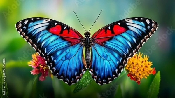 Fototapeta Vibrant butterfly with vivid blue wings featuring red accents, perched amidst colorful flowers. Close up shot highlights intricate wing patterns and