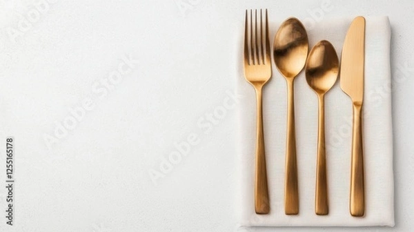 Fototapeta Elegant golden cutlery arranged neatly on a textured napkin, showcasing a modern dining setup against a clean background.