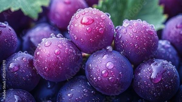 Fototapeta Ultra-Sharp Macro of Deep Purple Grapes with Morning Dew and Soft Light Reflections
