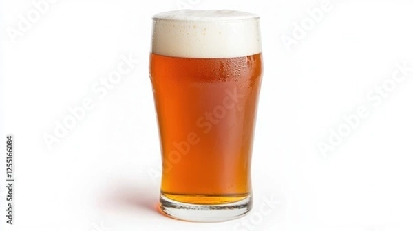 Fototapeta A clear glass of amber beer topped with a frothy white head, set against a plain background.
