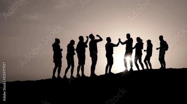 Fototapeta Group of People Silhouetted on Hill at Sunset: Dynamic and Lively Scene