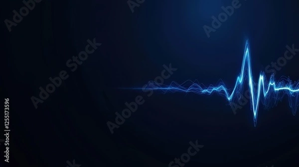 Fototapeta Blue wave of light on black background with realistic cardiology diagram and medical illustrations