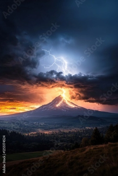 Fototapeta Lightning striking a distant mountain peak, with rolling thunderclouds in the background,