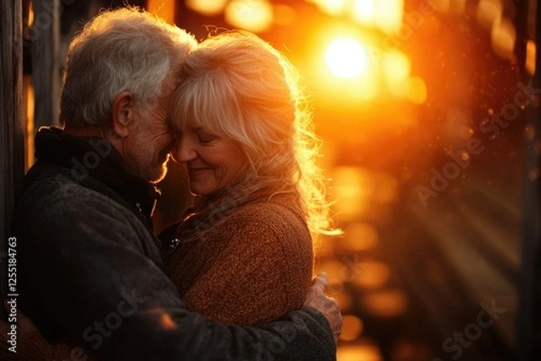 Fototapeta Golden sunset illuminates an elderly couple embracing, heads touching, showing love and companionship.