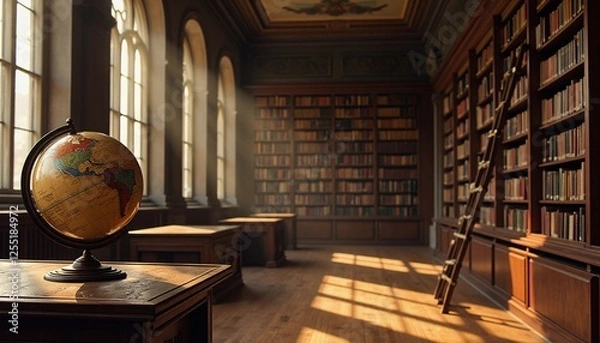 Fototapeta Vintage Library with Globe and Sunlit Bookshelves