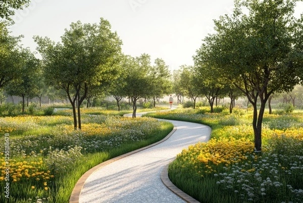 Fototapeta Winding path through a park with grass and trees