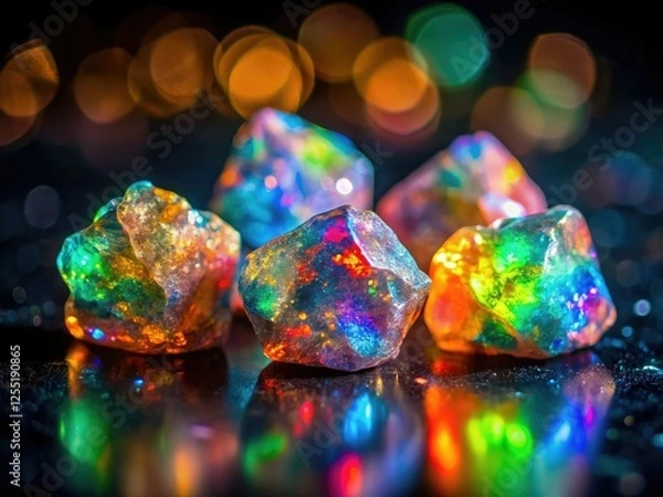 Obraz Raw opal bokeh: vibrant gemstone bursts against a deep black backdrop.